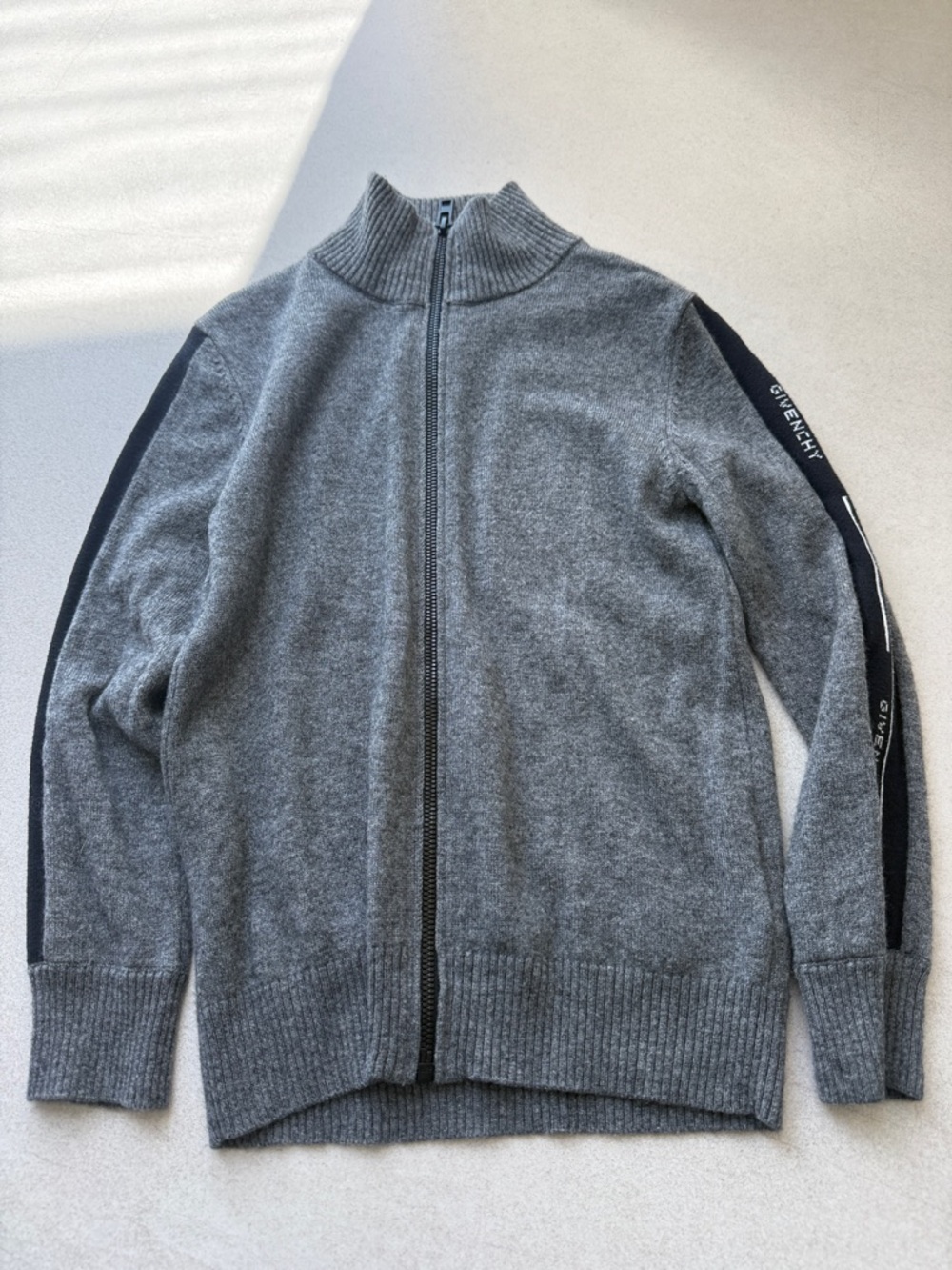 Kids Givenchy Grey Full-Zip Sweater with Black Sleeve Stripes